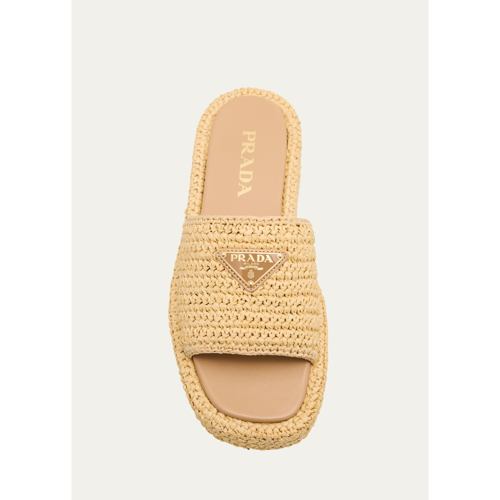 Prada Crochet Raffia Platform Slide Natural Beige Logo Mule Wedge Sandal 40 - Picture 11 of 16